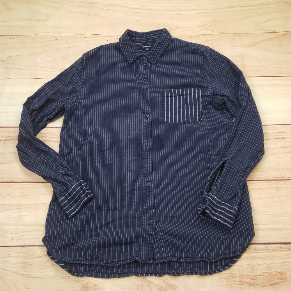Madewell Shirt Womens Medium M Navy Blue Pinstripe Double Gauze Button Down